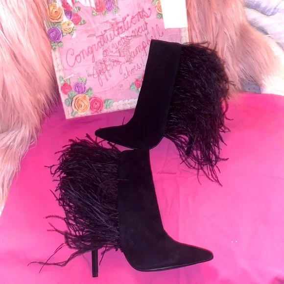 Jeffrey Campbell Ostrich feather leather suede Vain stiletto boots highheels 7.5 - Picture 10 of 13